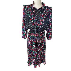 Vintage 80s Polka Dot Sheer Floral Boho Ruffle Balloon Sleeve Pleated Midi Dress